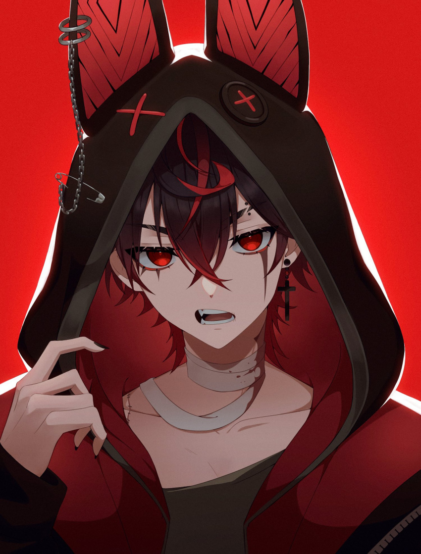 1boy animal_ear_hood bandaged_neck bandages black_hair black_hoodie black_nails black_shirt blood blood_on_bandages cross cross_earrings earrings eyebrow_cut eyebrow_piercing fingernails hair_between_eyes highres hood hoodie jewelry kuro_kurenai long_fingernails long_sleeves looking_at_viewer male_focus multicolored_hair open_mouth patchwork_skin piercing red_background red_eyes red_hair safety_pin shirt short_hair single_earring solo streaked_hair sunshyne3 virtual_youtuber vshojo