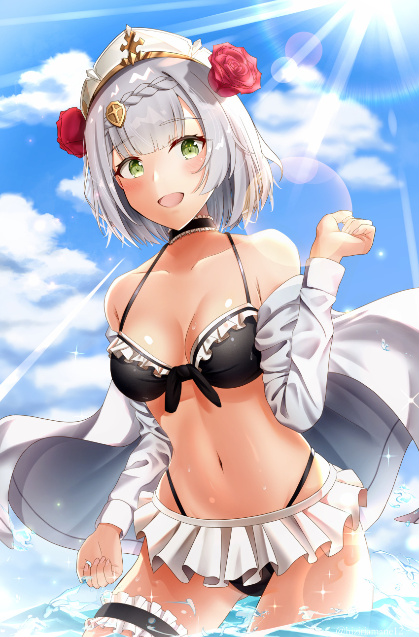 1girl absurdres bikini black_bikini black_choker blue_skirt braid breasts choker cloud commentary_request cowboy_shot flower frilled_straps genshin_impact green_eyes grey_hair hair_flower hair_ornament highres hiziriamane jacket lens_flare long_sleeves maid_headdress medium_breasts microskirt mixed-language_commentary noelle_(genshin_impact) open_mouth outdoors red_flower red_rose rose short_hair skirt smile solo sun sunlight swimsuit thigh_strap white_jacket white_skirt