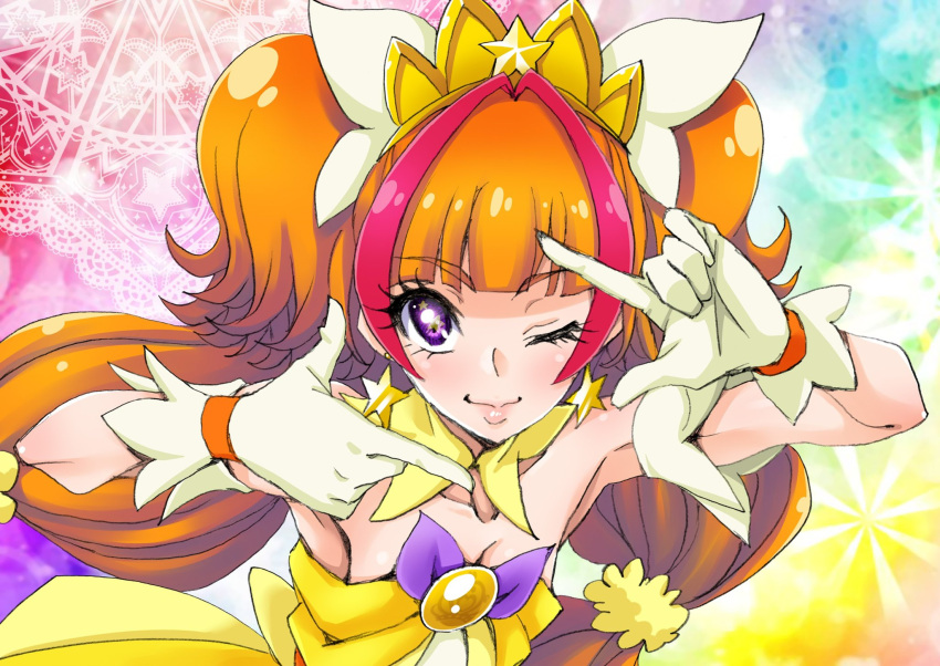 1girl amanogawa_kirara arm_garter blunt_bangs cure_twinkle detached_collar dress earrings eunos eyelashes finger_frame gloves go!_princess_precure hair_ornament hair_scrunchie highres jewelry long_hair looking_at_viewer low-tied_long_hair multicolored_hair one_eye_closed orange_hair precure purple_eyes scrunchie solo star_(symbol) star_earrings star_in_eye strapless strapless_dress streaked_hair symbol_in_eye tiara twintails upper_body yellow_dress