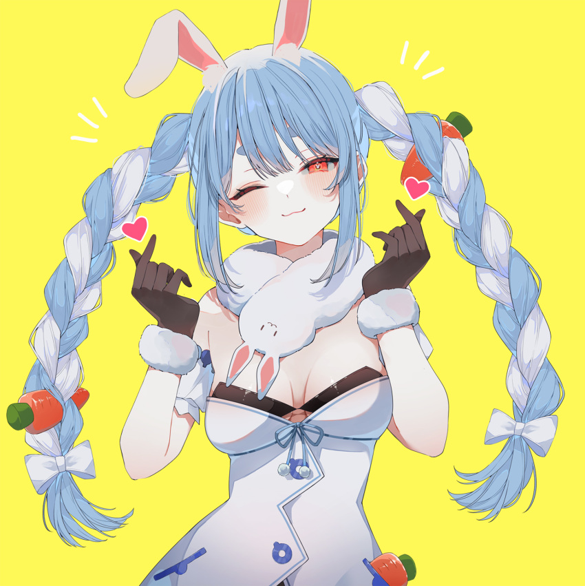 1girl animal_ears bare_shoulders black_gloves black_leotard blue_hair braid breasts brown_gloves carrot_hair_ornament cleavage coat coat_dress don-chan_(usada_pekora) dress food-themed_hair_ornament fur-trimmed_dress fur-trimmed_gloves fur_trim gloves hair_ornament heart highres hololive leotard leotard_under_clothes medium_breasts multicolored_hair one_eye_closed rabbit-shaped_pupils rabbit_ears rabbit_girl red_eyes scarf simple_background solo symbol-shaped_pupils twin_braids two-tone_hair uo_illust upper_body usada_pekora usada_pekora_(1st_costume) virtual_youtuber white_coat white_dress white_hair yellow_background