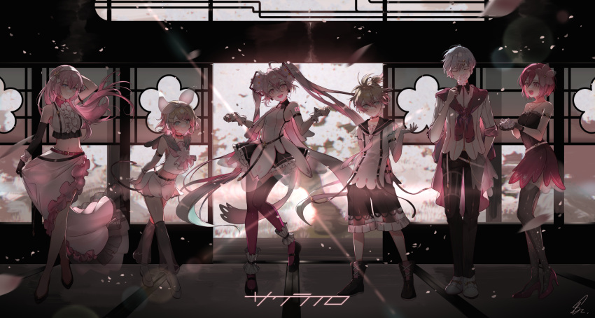 2boys 4girls arm_up backlighting black_thighhighs blonde_hair blue_eyes blue_hair blush bow cherry_blossoms commentary_request dress flower full_body gradient_hair hair_bow happy hatsune_miku high_heels highres indoors kagamine_len kagamine_rin kaito_(vocaloid) long_hair long_skirt megurine_luka meiko_(vocaloid) multicolored_hair multiple_boys multiple_girls open_mouth pants pink_flower pink_hair saihate_(d3) short_hair shorts side_slit signature skirt smile standing thighhighs tree twintails two-tone_hair very_long_hair vocaloid