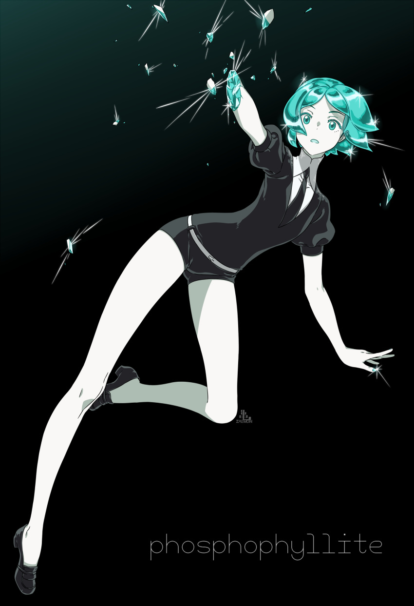 1other :o absurdres amputee androgynous aqua_eyes aqua_hair bare_legs black_background black_footwear character_name collared_shirt crystal_hair full_body gem_uniform_(houseki_no_kuni) glint highres houseki_no_kuni jumping kamezaemon loafers long_legs looking_to_the_side other_focus outstretched_arm parted_bangs phosphophyllite puffy_short_sleeves puffy_sleeves shards shirt shoes short_hair short_sleeves solo surprised