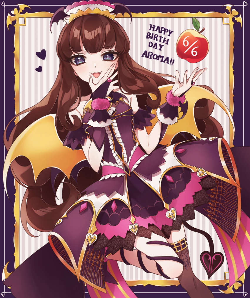 1girl :d ao_(ao0_0nemu) apple bad_id bad_twitter_id blue_eyes border bridal_gauntlets brown_hair character_name commentary_request demon_tail demon_wings dress fake_wings food fruit hand_on_own_face hands_up happy_birthday highres idol_clothes kurosu_aroma long_hair looking_at_viewer open_mouth pretty_series pripara purple_border purple_dress red_apple single_thighhigh smile solo standing standing_on_one_leg tail thighhighs very_long_hair wings