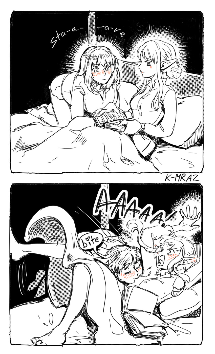 2girls bed biting blush book breast_sucking closed_eyes dungeon_meshi elf english_text falin_touden falin_touden_(tallman) feathers heart highres kmraz6 marcille_donato monochrome multiple_girls nipple_biting nipple_stimulation on_bed pajamas pillow pointy_ears reading spot_color under_covers yuri
