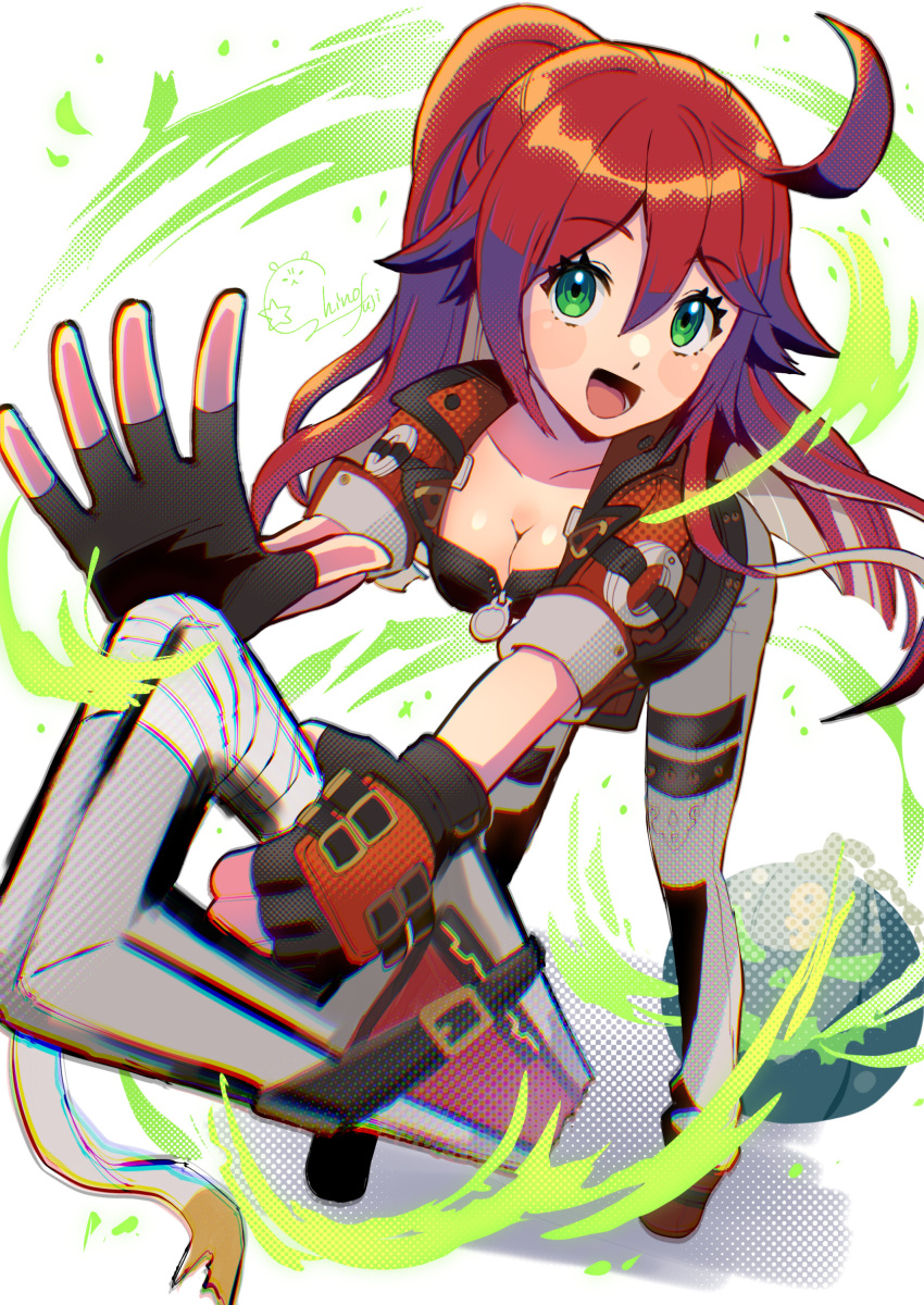 1girl absurdres black_gloves breasts cleavage colored_inner_hair cosplay dorpos fingerless_gloves gloves green_eyes guilty_gear guilty_gear_strive hair_between_eyes highres jack-o'_valentine junkyard_dog_mk_iii large_breasts long_hair long_sleeves looking_at_viewer multicolored_hair panties ponytail red_hair smile sol_badguy sol_badguy_(cosplay) suesuguru two-tone_hair underwear white_hair white_panties