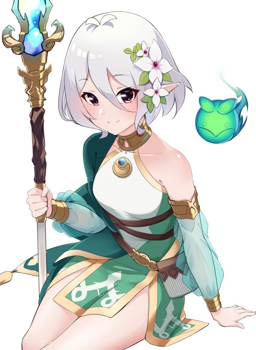 1girl absurdres antenna_hair arm_support bare_shoulders blush breasts closed_mouth collarbone detached_sleeves dress eyebrows_visible_through_hair feet_out_of_frame flower gold_trim green_dress hair_between_eyes hair_flower hair_ornament highres holding holding_staff kokkoro_(princess_connect!) looking_at_viewer lotus mofumancy pink_eyes pointy_ears princess_connect! princess_connect!_re:dive see-through short_hair silver_hair sitting small_breasts smile solo staff white_flower