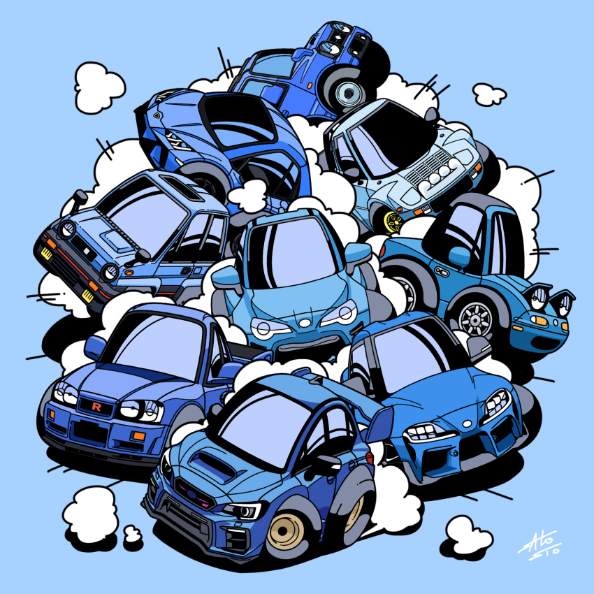 blue_background blue_car blue_theme car chibi choro-q highres honda honda_city lamborghini lamborghini_huracan lancia_(brand) lancia_stratos mazda mazda_mx-5 mazda_mx-5_na motor_vehicle nissan nissan_skyline nissan_skyline_gt-r nissan_skyline_r34 no_humans satosio shadow smoke spoiler_(automobile) sports_car sports_utility_vehicle subaru_(brand) subaru_impreza suzuki_(company) suzuki_jimny toyota toyota_86 toyota_supra toyota_supra_mk_v vehicle_focus