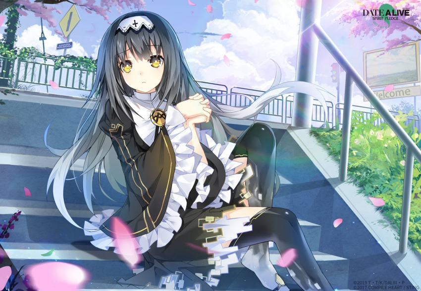 1girl arusu_marina black_dress closed_mouth cloud cumulonimbus_cloud date_a_live date_a_live:_spirit_pledge dress falling_petals frilled_dress frills gradient_hair hairband long_hair long_sleeves looking_at_another multicolored_hair official_art outdoors petals sitting sitting_on_stairs solo stairs stone_stairs white_hairband wide_sleeves yellow_eyes