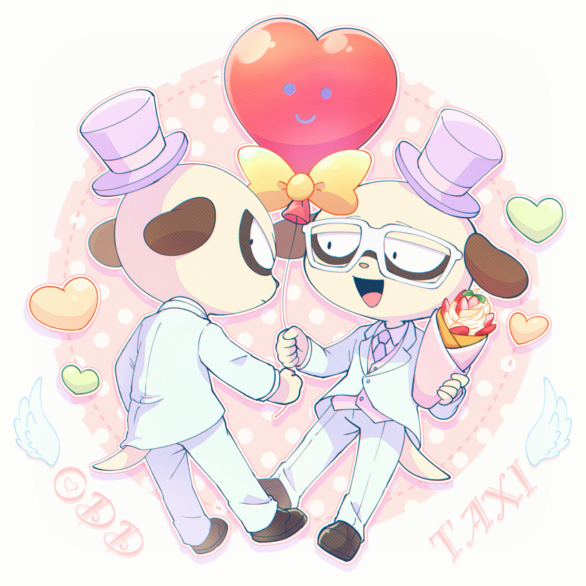 2boys :d balloon black_eyes black_footwear bow bowtie brothers copyright_name crepe daimon_kenshirou daimon_koushirou feathered_wings food fruit furry furry_male glasses half-closed_eyes hat heart heart_balloon highres holding holding_food jacket looking_back meerkat_boy multiple_boys necktie odd_taxi omochiutyu pants pink_hat pink_necktie pink_vest siblings simple_background smile strawberry tail top_hat v-shaped_eyebrows vest whipped_cream white-framed_eyewear white_background white_jacket white_pants wings yellow_bow yellow_bowtie