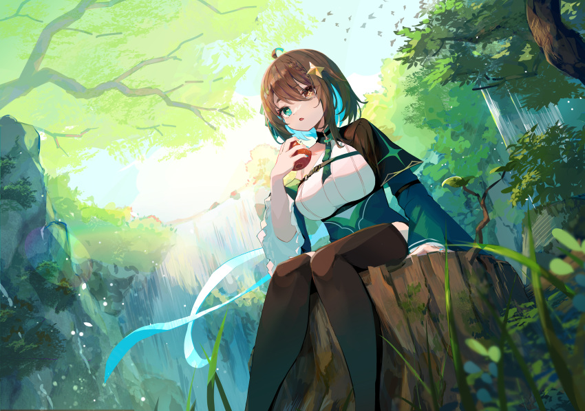 1girl absurdres ahoge apple aqua_ribbon arm_belt black_capelet black_thighhighs blue_hair blue_ribbon blurry blurry_foreground braid breasts brown_eyes brown_hair capelet chest_belt cliff colored_inner_hair cross-shaped_pupils day detached_sleeves dress dutch_angle eating feet_out_of_frame flock food forest frilled_sleeves frills fruit grass green_dress green_eyes green_ribbon green_sleeves hair_flaps hair_ornament hair_ribbon half_capelet hand_up heterochromia highres holding holding_food holding_fruit indie_virtual_youtuber large_breasts light_blue_hair light_particles meica_(vtuber) mismatched_pupils multicolored_hair nature ribbon shirt single-shoulder_shirt single_braid sitting_on_tree_stump sleeveless sleeveless_shirt solo sprout sprout-shaped_pupils star_(symbol) star_hair_ornament symbol-shaped_pupils tamago_nezumi thighhighs tree tree_stump virtual_youtuber water waterfall white_shirt