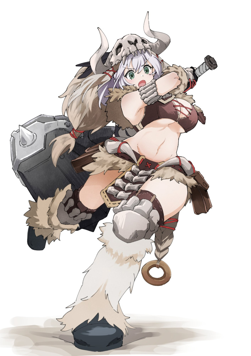 1girl bone bone_(armor) breasts fur_leg_warmers green_eyes grey_hair hammer highres holding holding_hammer hololive large_breasts monster_hunter_(series) navel pelvic_curtain shirogane_noel skull_on_head virtual_youtuber white_background yayilu