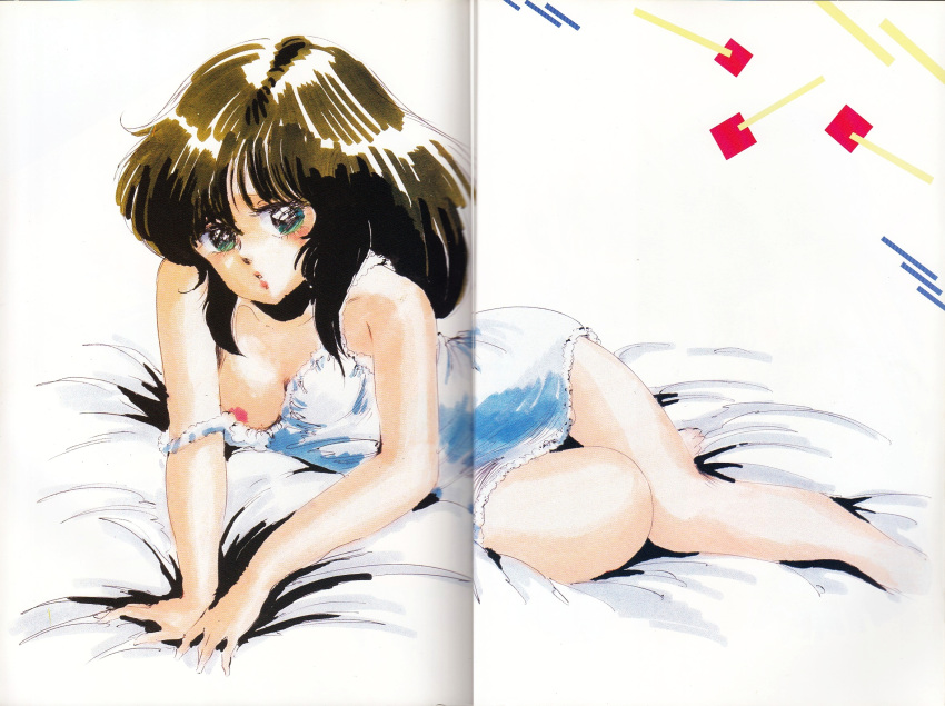 1980s_(style) breasts brown_hair cream_lemon crease green_eyes highres long_hair looking_at_viewer lying marker_(medium) medium_breasts nightgown nipple_slip nipples non-web_source nonomura_ami official_art on_side retro_artstyle scan scan_artifacts shingyouji_tatsuya stitched strap_slip traditional_media