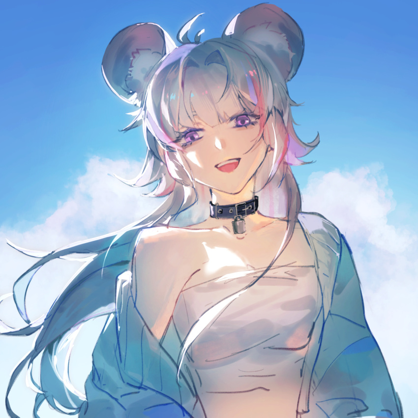 1girl animal_ears black_collar blunt_bangs breasts collar collarbone day grey_hair guoziqiqi highres long_hair long_sleeves looking_at_viewer mouse_ears mouse_girl off_shoulder open_mouth original outdoors pink_eyes shirt small_breasts solo strapless teeth tube_top upper_teeth_only