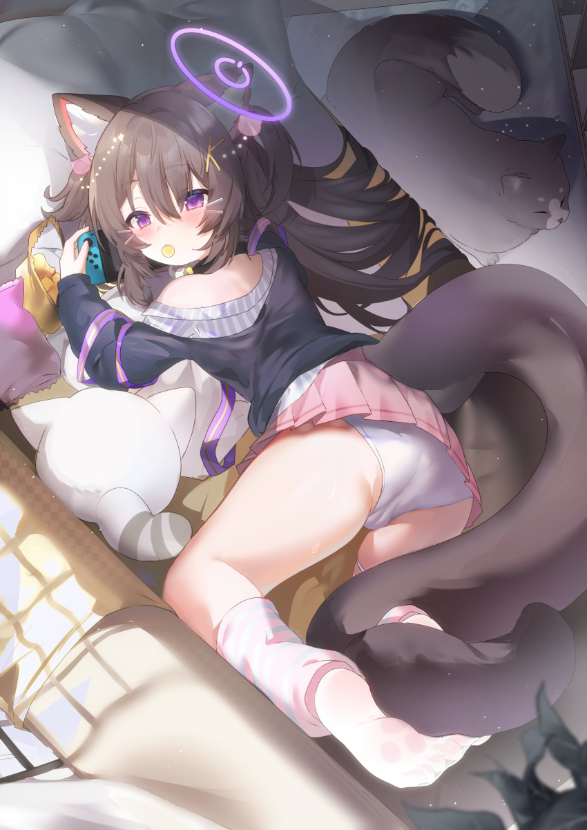 1girl absurdres animal_ear_fluff animal_ears ass black_shirt blush brown_hair cameltoe cat chips_(food) dress eating feet food halo highres kneehighs kneepits legs long_hair lying miniskirt mouth_hold nintendo_switch no_shoes off_shoulder on_stomach original panties pink_eyes pink_skirt playing_games pleated_dress potato_chips shirt skirt socks soles stuffed_toy tail thighs underwear wangmon white_panties white_socks