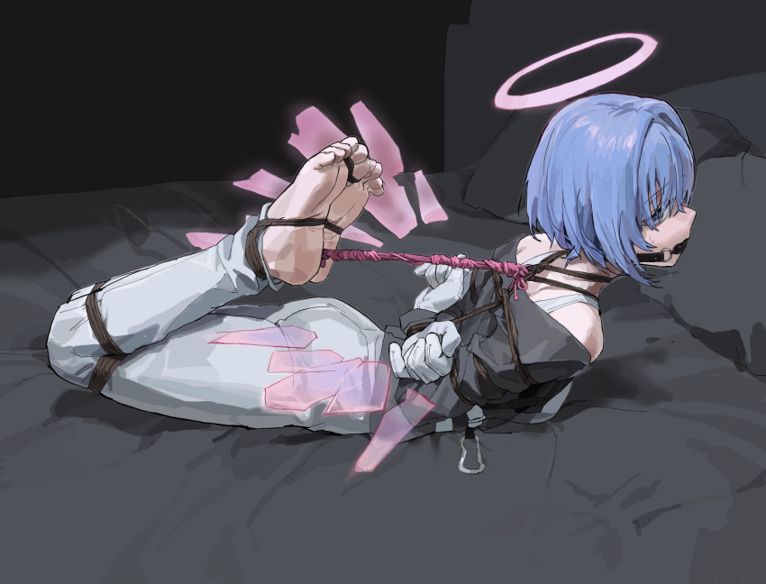 a_tea arknights ball_gag barefoot bdsm blue_hair bondage bound bound_toes drooling gag highres hogtie looking_at_viewer on_bed restrained saliva shibari soles spuria_(arknights) tied_up_(nonsexual)