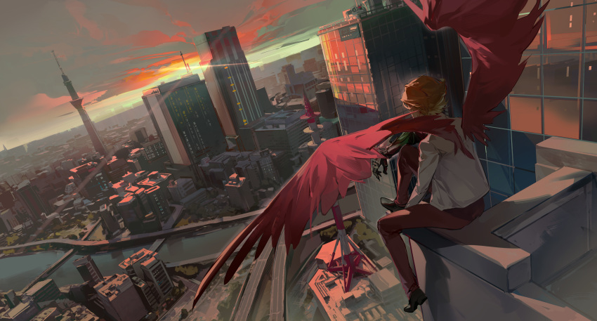 1boy absurdres ankh_(ooo) black_footwear blonde_hair bridge building cloud dusk feathered_wings highres jacket kamen_rider kamen_rider_ooo_(series) leg_up nemuiz on_roof outdoors pants river road rooftop sitting sky skyscraper solo sunset tower water white_jacket wings