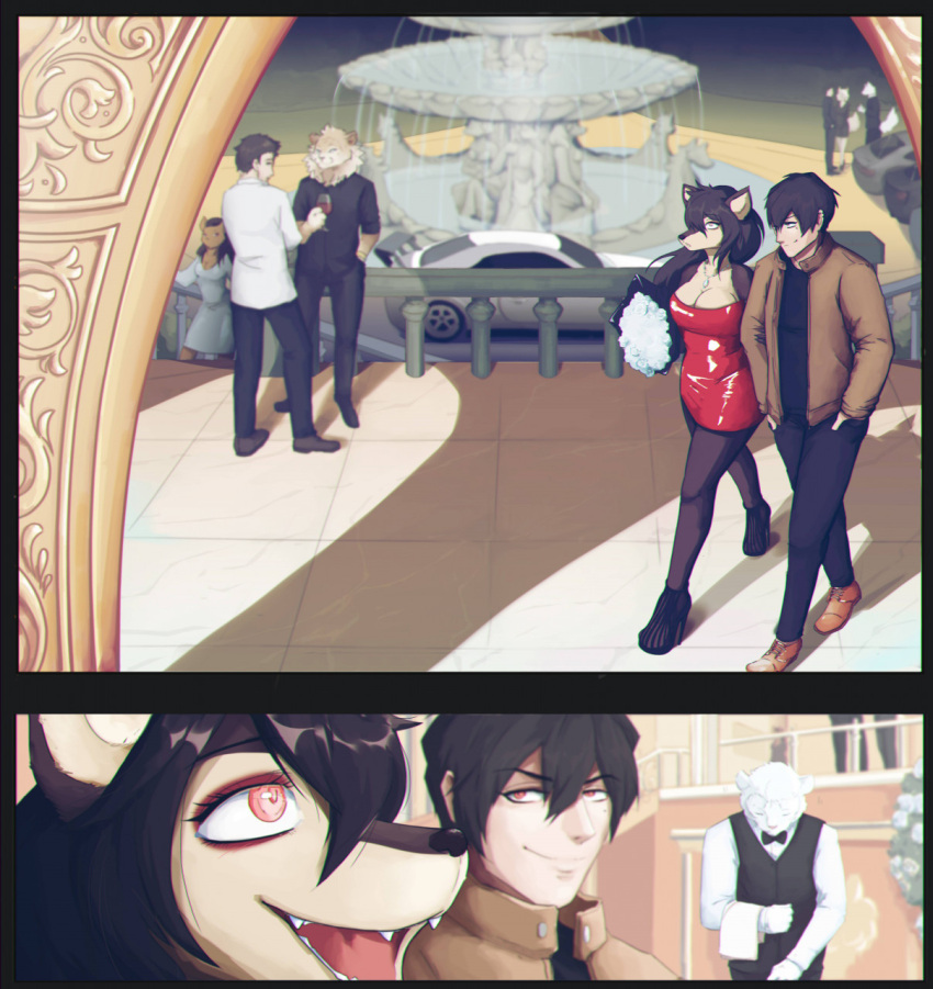 anthro black_hair bouquet bovid bow_tie breasts canid canine canis caprine car clothing colored comic comic_panel date dating dress duo eyeshadow fangs felid feline female flower flower_bouquet footwear fountain fox fur grin group hair hi_res high_heels hinotama human humanoid jacket jewelry lion makeup male male/female mammal necklace open_mouth pantherine plant rashayritto red_eyes romantic romantic_couple shadow sheep short_dress smile surprise surprised_expression tail teeth the_sake_ninja topwear true_fox vehicle wide_eyed wolf yellow_body yellow_fur