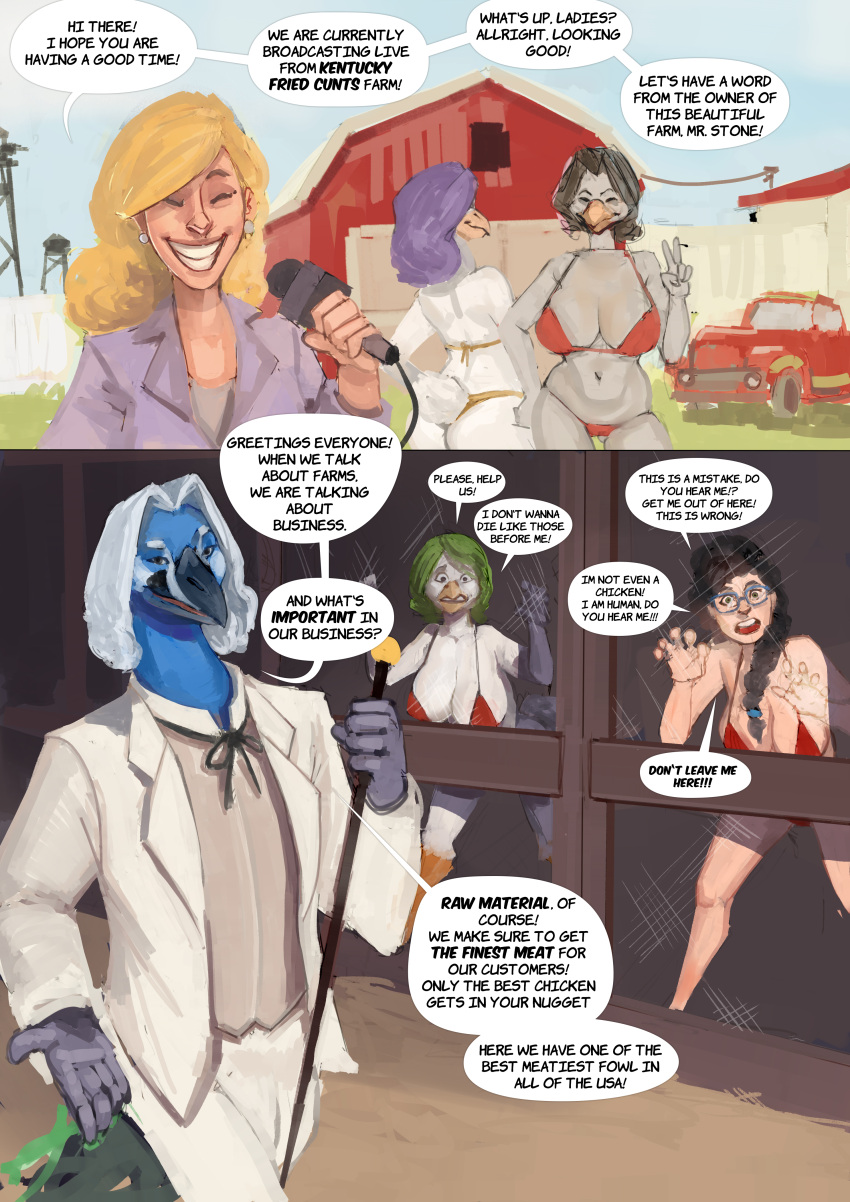 absurd_res avian big_breasts bird breasts cane chicken cleavage clothed clothing comic cthulhu666 dialogue emmett_stone english_text eyewear female galliform gallus_(genus) glasses hi_res human mammal peafowl phasianid text