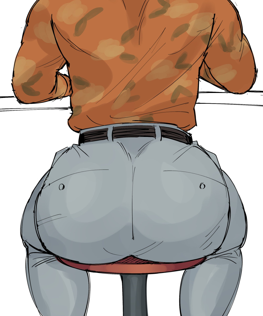 1boy absurdres ass ass_focus bara copyright_request cropped_head dokeshin grey_pants highres huge_ass male_focus masaharu_kaito(judgement) multicolored_shirt muscular muscular_male on_chair pants table white_background