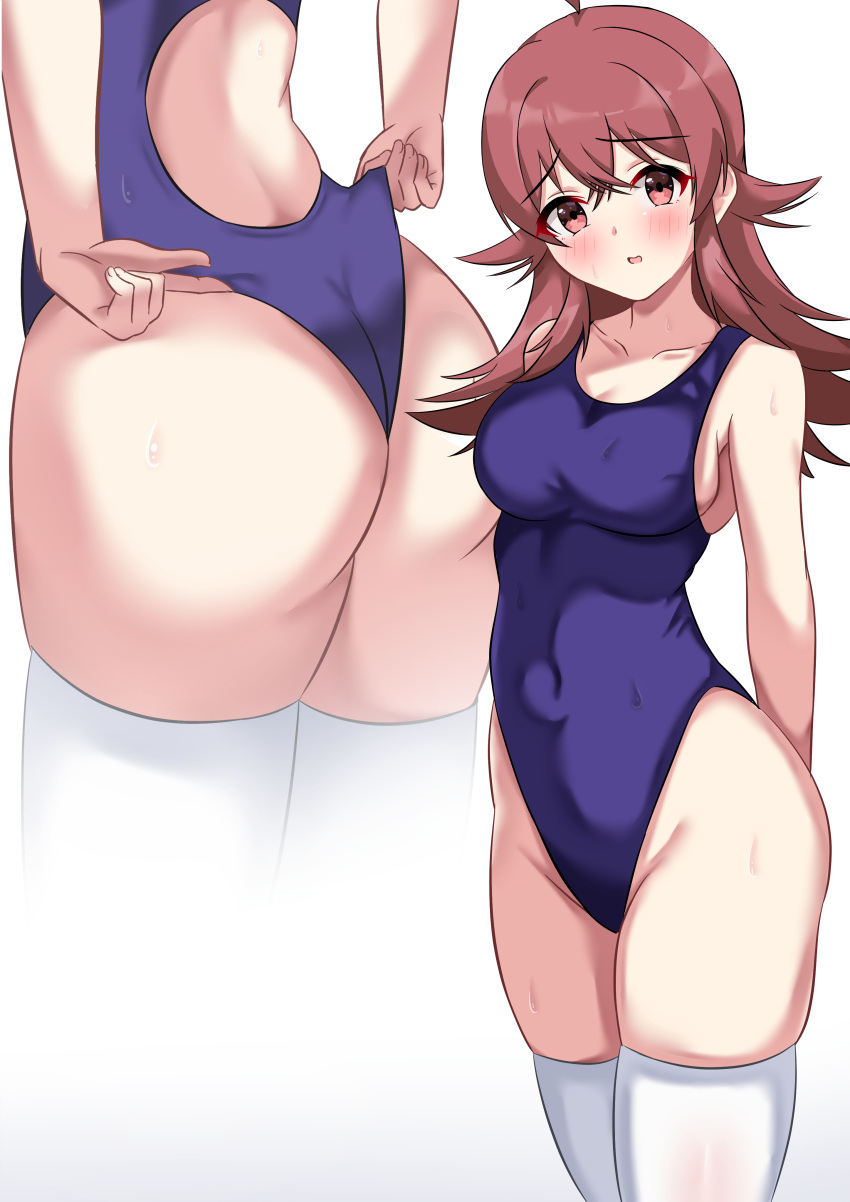 1girl absurdres adjusting_clothes adjusting_swimsuit arms_behind_back ass ass_focus blue_one-piece_swimsuit brown_eyes brown_hair competition_swimsuit covered_navel cropped_legs highleg highleg_swimsuit highres idolmaster idolmaster_shiny_colors itou_souta komiya_kaho long_hair multiple_views one-piece_swimsuit simple_background swimsuit thighhighs white_background white_thighhighs