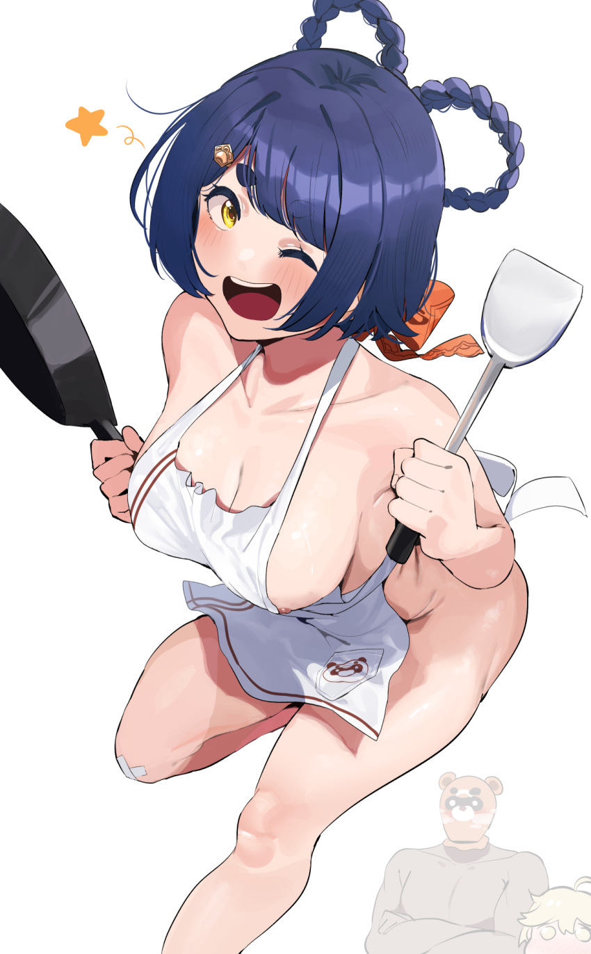 1boy 1girl 1other ;d aether_(genshin_impact) apron bandaid bandaid_on_knee bandaid_on_leg blue_hair breasts cleavage collarbone commentary frying_pan genshin_impact guoba_(genshin_impact) hair_ornament hair_rings hairpin highres holding holding_frying_pan large_breasts looking_at_viewer naked_apron nipple_slip nipples okpriko one_eye_closed short_eyebrows short_hair smile solo_focus standing standing_on_one_leg star_(symbol) symbol-only_commentary teeth thick_eyebrows upper_teeth_only white_background xiangling_(genshin_impact) yellow_eyes