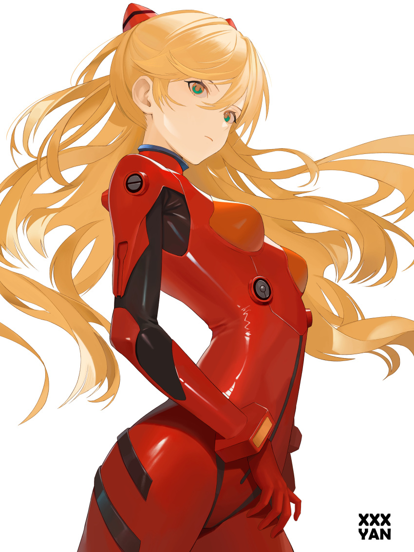 1girl :| absurdres artist_name black_bodysuit bodysuit breasts closed_mouth cowboy_shot green_eyes hair_between_eyes hair_ornament highres interface_headset long_hair multicolored_bodysuit multicolored_clothes neon_genesis_evangelion orange_hair pilot_suit plugsuit red_bodysuit simple_background small_breasts solo souryuu_asuka_langley test_plugsuit two_side_up white_background xxxyan