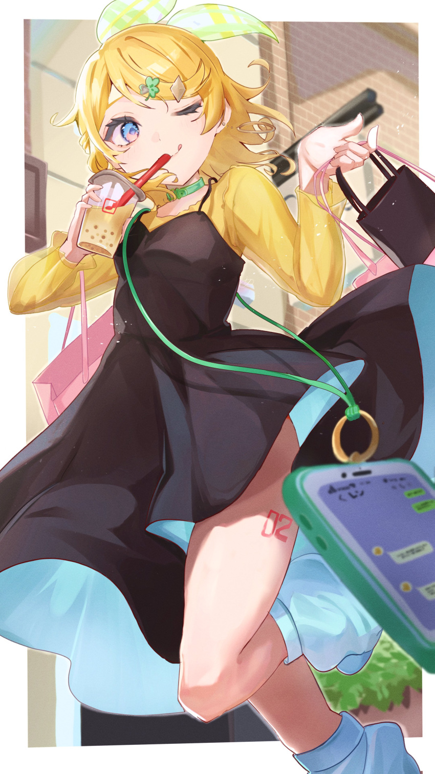 1girl absurdres black_dress blonde_hair blue_eyes blue_socks blurry blurry_background bow bubble_tea cellphone choker clover_hair_ornament dress from_below green_choker hair_bow hair_ornament hands_up highres inubangarou kagamine_rin long_sleeves looking_at_viewer loose_socks medium_dress one_eye_closed phone project_sekai shirt shopping smartphone socks solo standing standing_on_one_leg swept_bangs thighs two-sided_dress two-sided_fabric vocaloid walking yellow_shirt