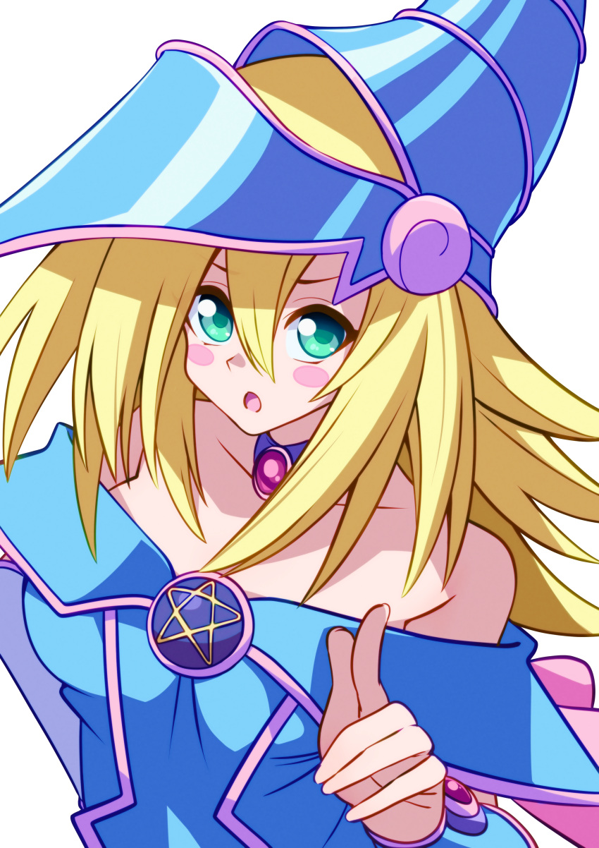 07nono06 1girl :o absurdres bare_shoulders blonde_hair blue_eyes blue_hat blush_stickers dark_magician_girl duel_monster hair_between_eyes hat highres long_hair looking_at_viewer open_mouth solo upper_body white_background wizard_hat yu-gi-oh!