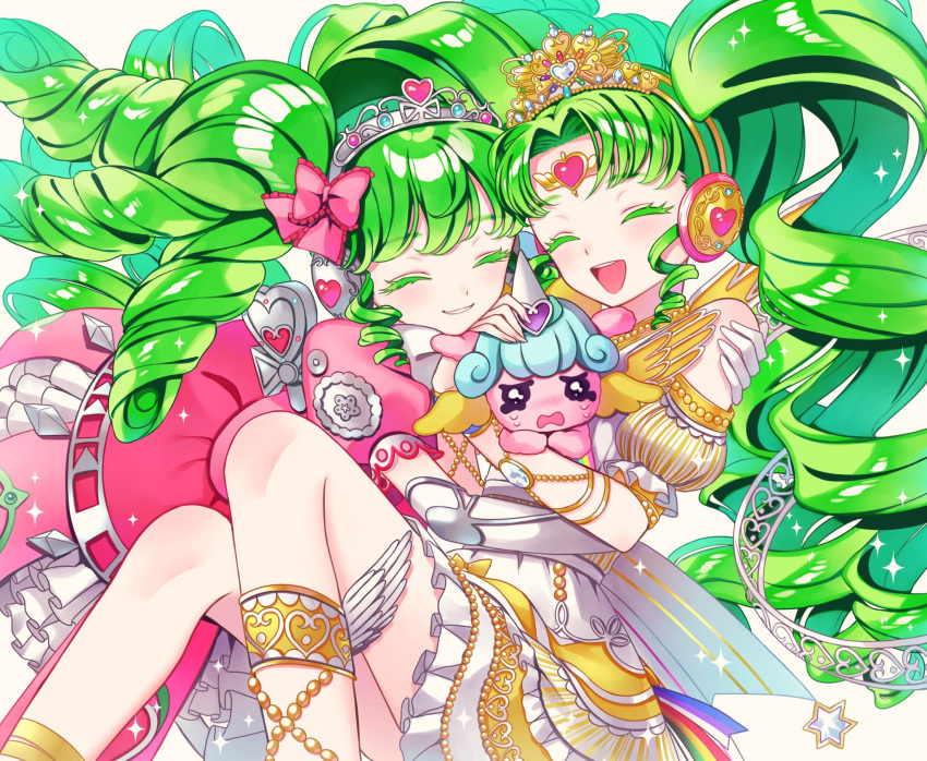 2girls :d ao_(ao0_0nemu) bad_id bad_twitter_id bare_shoulders closed_eyes colored_eyelashes commentary_request crying dress drill_hair dual_persona elbow_gloves falulu falulu_(awakened) forehead_jewel gloves green_hair happy headphones highres hug idol_clothes knees_up long_hair multiple_girls open_mouth parted_bangs petting pink_dress pretty_series pripara puffy_short_sleeves puffy_sleeves short_sleeves sidelocks sitting smile tiara twin_drills twintails unicorn very_long_hair white_dress white_gloves winding_key