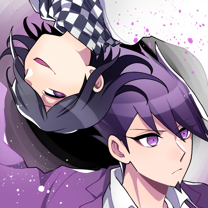 2boys black_hair blood blood_splatter checkered_clothes checkered_scarf closed_mouth collared_shirt danganronpa_(series) danganronpa_v3:_killing_harmony facial_hair goatee hair_between_eyes hamadaichi highres jacket looking_ahead looking_at_another male_focus momota_kaito multiple_boys oma_kokichi pink_blood portrait purple_eyes purple_hair purple_jacket scarf shadow shirt short_hair smile spiked_hair upside-down