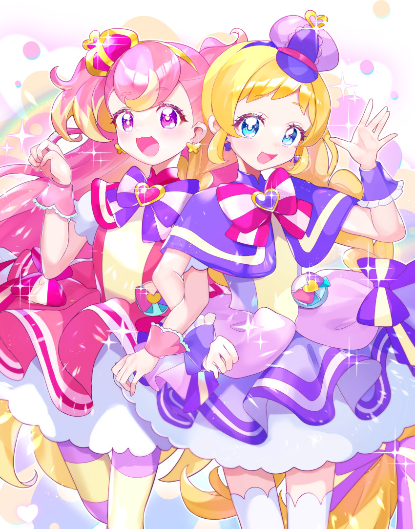 2girls :d abstract_background absurdres blonde_hair blue_eyes blush bow braid brooch capelet cowboy_shot crown cure_friendy cure_wonderful deerstalker dot_nose dress dress_bow earrings frilled_wrist_cuffs frills hair_bow hairband hat heart heart_brooch highres inukai_iroha inukai_komugi jewelry kumono_ame legs_together locked_arms long_hair looking_at_viewer magical_girl mini_crown mini_hat multicolored_background multicolored_bow multicolored_hair multicolored_pantyhose multiple_girls open_mouth pantyhose paw_pose petticoat pink_bow pink_dress pink_hair pink_wrist_cuffs precure purple_bow purple_capelet purple_dress purple_eyes purple_hairband purple_hat purple_wrist_cuffs short_dress sidelocks smile sparkle standing streaked_hair striped_bow striped_clothes striped_pantyhose symmetry thighhighs tilted_headwear twin_braids two-tone_hair white_thighhighs wonderful_precure! wrist_cuffs yellow_hairband zettai_ryouiki