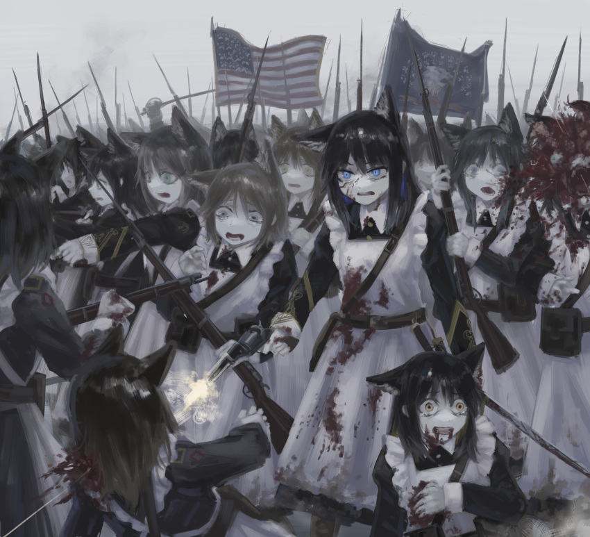 6+girls american_flag animal_ears antique_firearm apron battle bayonet belt_pouch black_dress black_hair blood blood_on_clothes blood_on_face blue_eyes brown_hair clenched_teeth colt_1851_navy death dirty dirty_clothes diu9you dress drooling_blood english_commentary firing flag frilled_apron frills gold_trim green_eyes grey_eyes grey_hair gun guro hand_on_own_chest highres long_hair maid medium_hair military multiple_girls musket open_mouth original pouch revolver saber_(weapon) scared sword teeth thousand_yard_stare weapon weapon_request white_apron wolf_ears wolf_girl yellow_eyes