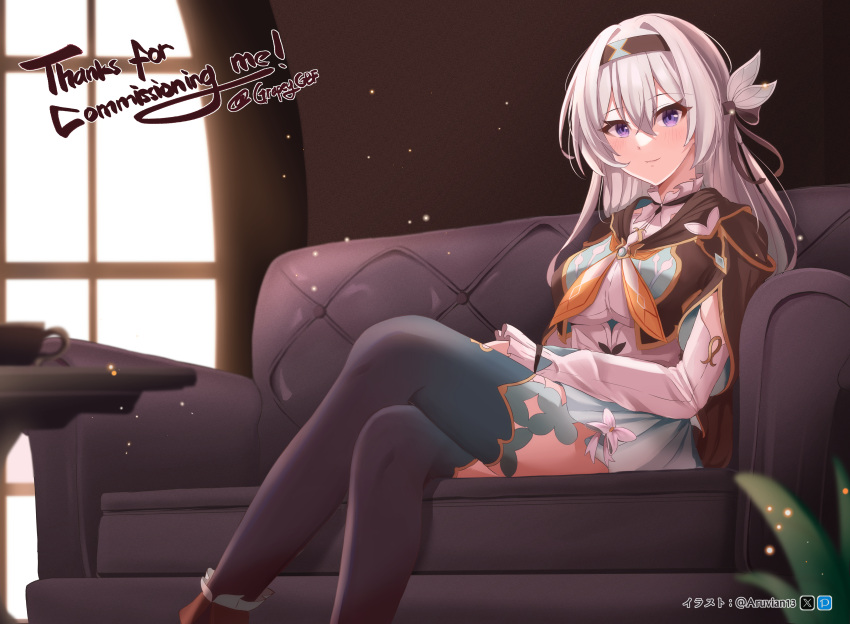 1girl absurdres aruvian13 black_hairband black_jacket breasts collared_shirt commission couch cropped_jacket crossed_legs firefly_(honkai:_star_rail) floating_hair grey_hair hair_between_eyes hair_ornament hairband highres honkai:_star_rail honkai_(series) indoors jacket long_hair long_sleeves looking_at_viewer medium_breasts neckerchief on_couch orange_neckerchief ribbon shirt sitting skirt smile thighhighs