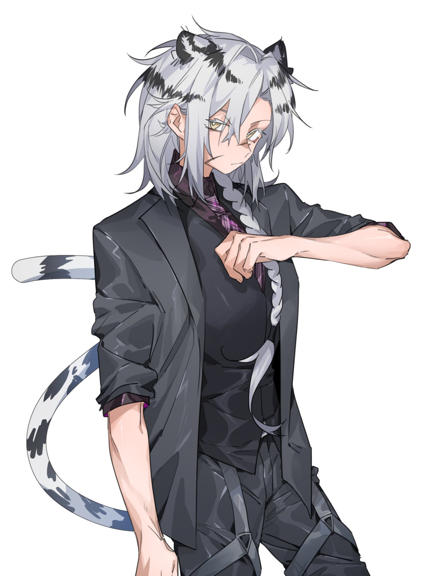 1girl animal_ears arknights black_hair black_jacket black_pants black_vest braid bright_pupils brown_eyes collared_shirt commentary_request cowboy_shot grey_hair hand_up highres indra_(arknights) indra_(valiant_general)_(arknights) jacket leopard_ears leopard_tail long_hair looking_at_viewer molu_stranger multicolored_hair necktie pants purple_necktie purple_shirt scar scar_on_face scar_on_nose shirt simple_background single_braid sleeves_rolled_up solo streaked_hair tail thigh_strap vest white_background white_pupils