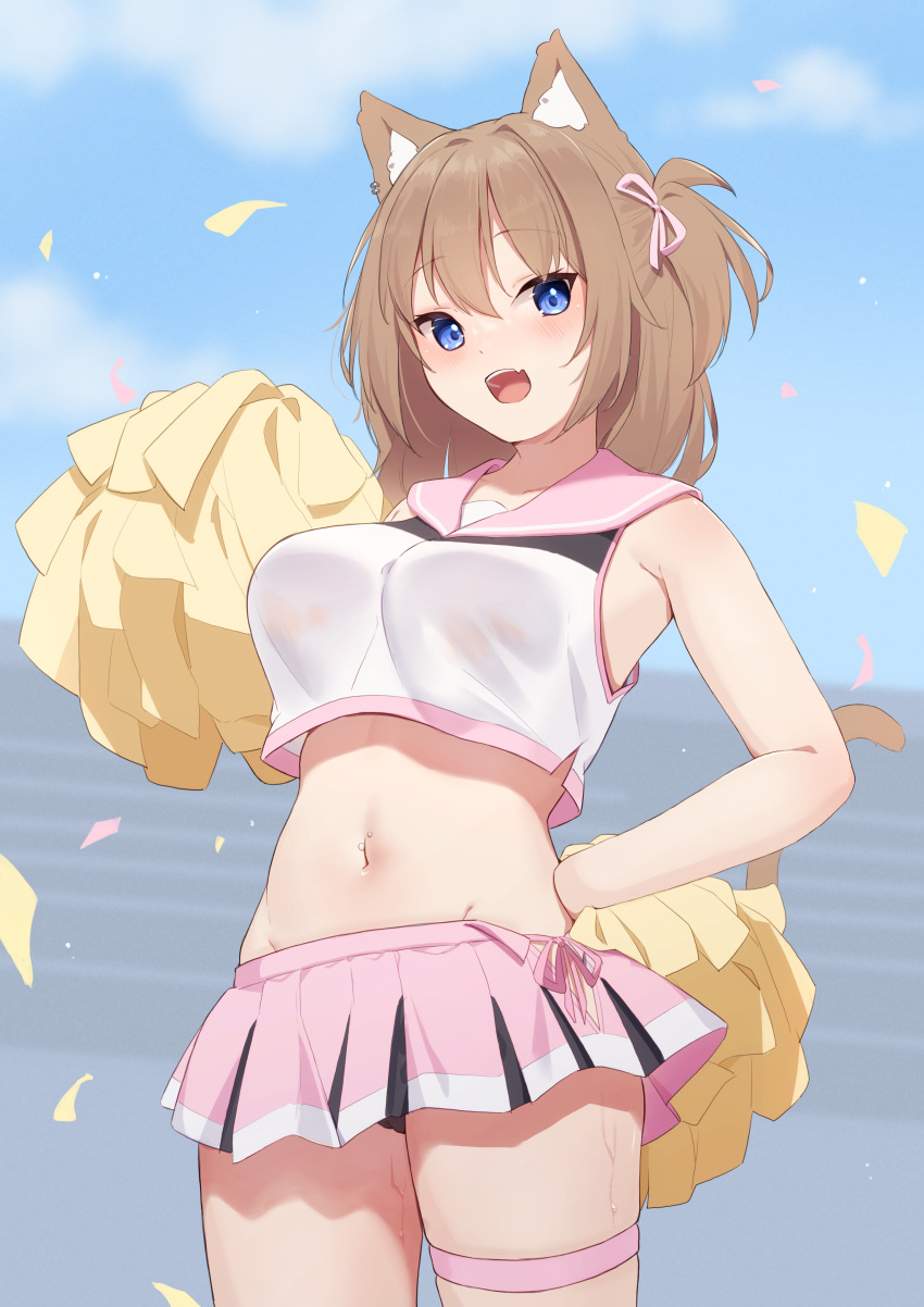 1girl :d absurdres animal_ear_fluff animal_ears blue_eyes blue_sky breasts brown_hair cat_ears cat_girl cheerleader cloud commentary_request day hair_ribbon hand_on_own_hip highres hinata_(user_rjkt4745) holding holding_pom_poms medium_breasts midriff navel open_mouth original outdoors pink_ribbon pink_skirt pom_pom_(cheerleading) ribbon skirt sky smile solo standing sweat thigh_strap thighs