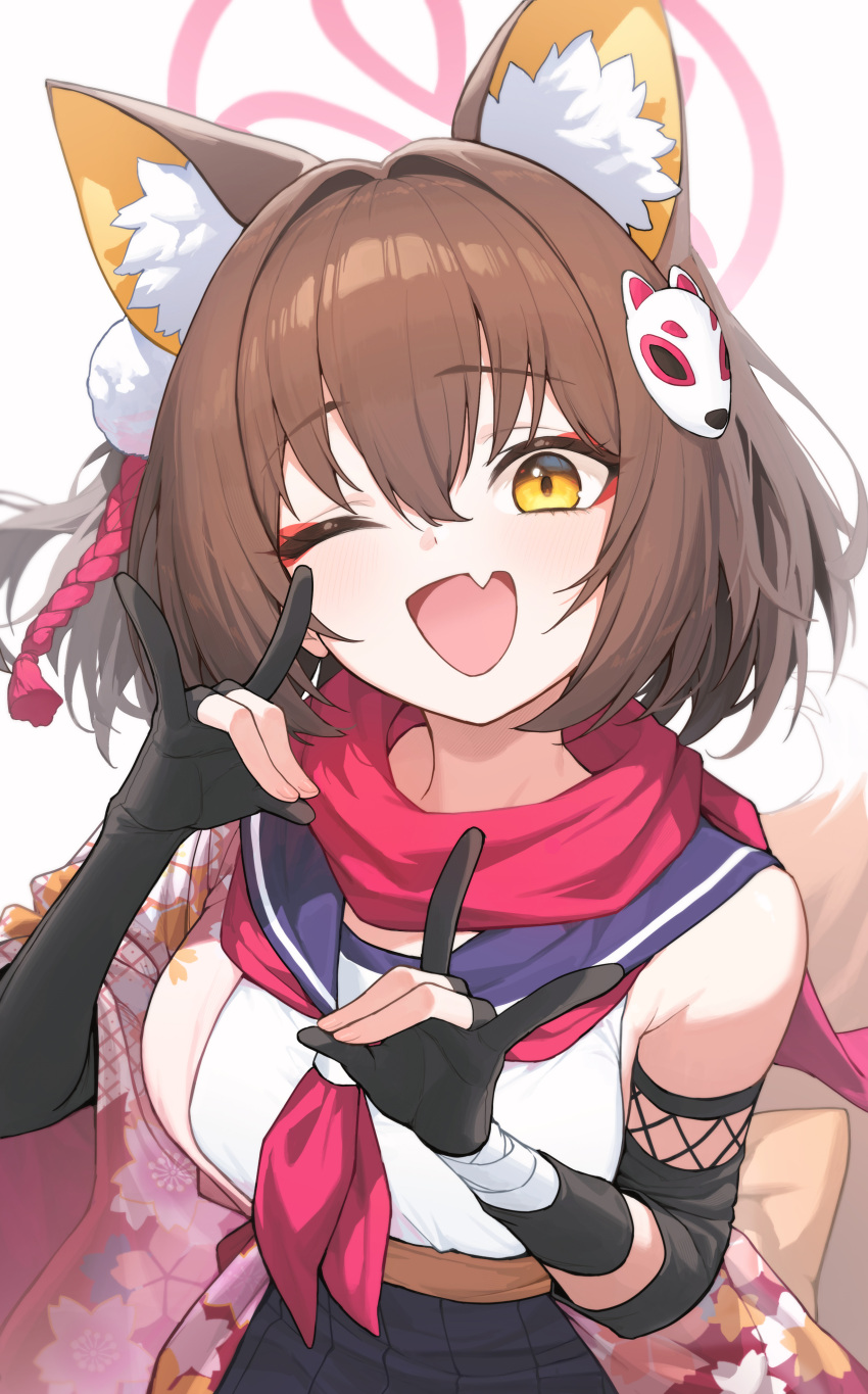 1girl ;d absurdres animal_ear_fluff animal_ears blue_archive blue_sailor_collar breasts brown_hair double_fox_shadow_puppet fang fox_ears fox_girl fox_hair_ornament fox_shadow_puppet fox_tail gloves goeleu hair_ornament halo highres izuna_(blue_archive) looking_at_viewer medium_breasts neckerchief one_eye_closed open_mouth partially_fingerless_gloves pink_halo red_neckerchief red_scarf sailor_collar scarf school_uniform serafuku short_hair simple_background skin_fang smile solo sweat tail white_background