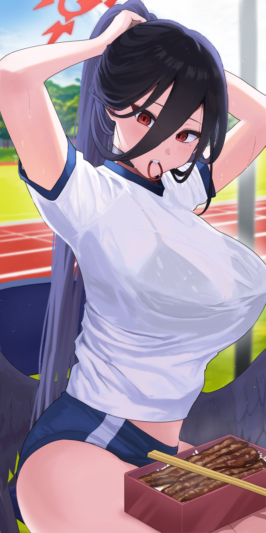 1girl absurdres adjusting_hair arata_haru arms_up bento black_choker black_hair black_wings blue_archive blue_buruma bra_visible_through_clothes breasts buruma choker chopsticks commentary_request day feathered_wings fish_(food) grilled_eel gym_shirt gym_uniform hair_between_eyes hair_tie hair_tie_in_mouth halo hasumi_(blue_archive) hasumi_(track)_(blue_archive) high_ponytail highres korean_commentary large_breasts long_bangs long_hair looking_at_viewer low_wings midriff_peek mole mole_under_eye mouth_hold official_alternate_costume outdoors red_eyes red_halo running_track shirt short_sleeves sitting solo sweat sweaty_clothes very_long_hair white_shirt wings