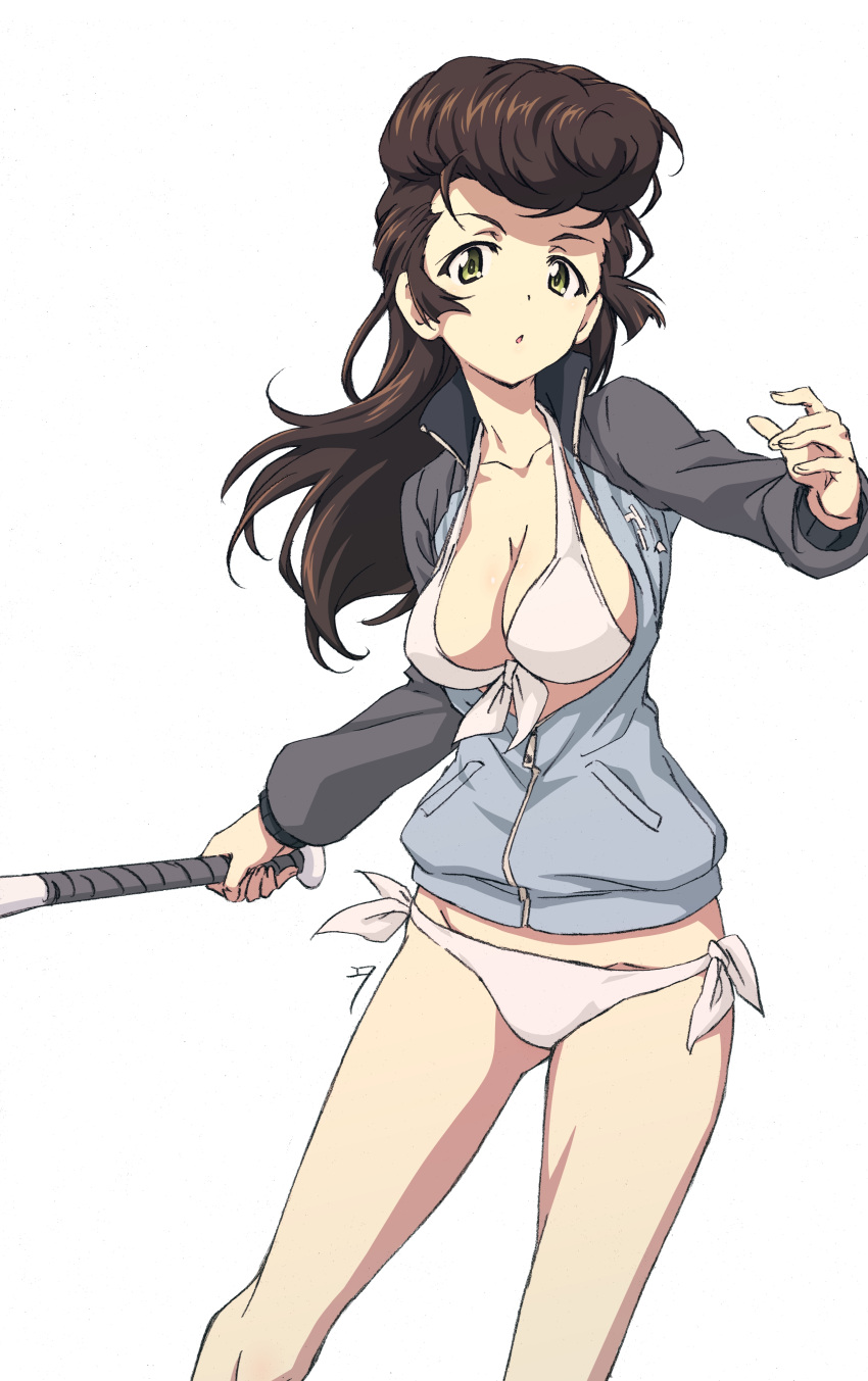 1girl absurdres baseball_bat bikini black_hair breasts cleavage collarbone erakin girls_und_panzer green_eyes highres jacket keizoku_military_uniform large_breasts long_hair looking_at_viewer military_uniform open_mouth pompadour side-tie_bikini_bottom simple_background solo swimsuit track_jacket uniform white_background white_bikini yuri_(girls_und_panzer)