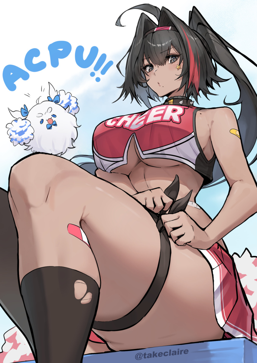 2girls bandaid bandaid_on_leg bay_(nikke) black_sports_bra cheerleader choker collar crop_top crop_top_overhang dark-skinned_female dark_skin facial_tattoo goddess_of_victory:_nikke highres mole mole_under_mouth multiple_girls poli_(cheer_up_police)_(nikke) poli_(nikke) red_shirt shirt spiked_choker spiked_collar spikes sports_bra stadium star_tattoo takeclaire tattoo torn_clothes torn_socks two-tone_shirt two-tone_skirt