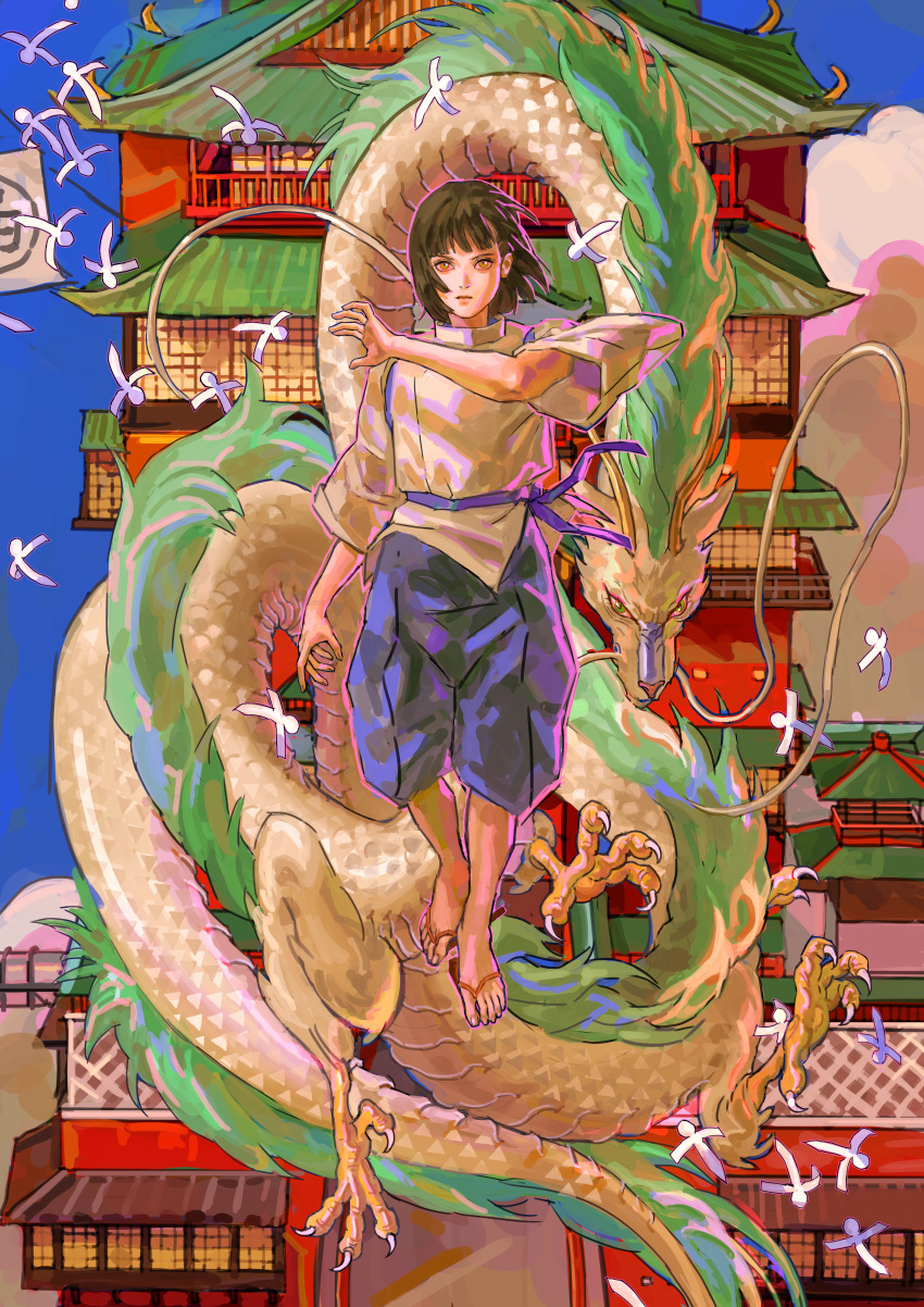 1boy absurdres architecture blue_sky blunt_bangs brown_hair building cloud collared_shirt dragon dual_persona east_asian_architecture eastern_dragon floating full_body hakama hakama_pants haku_(sen_to_chihiro_no_kamikakushi) helium_raven highres japanese_clothes looking_at_viewer male_focus midair outdoors pants paper_doll purple_pants purple_ribbon ribbon sandals scales sen_to_chihiro_no_kamikakushi shirt short_hair sky straight-on white_shirt wide_sleeves yellow_eyes