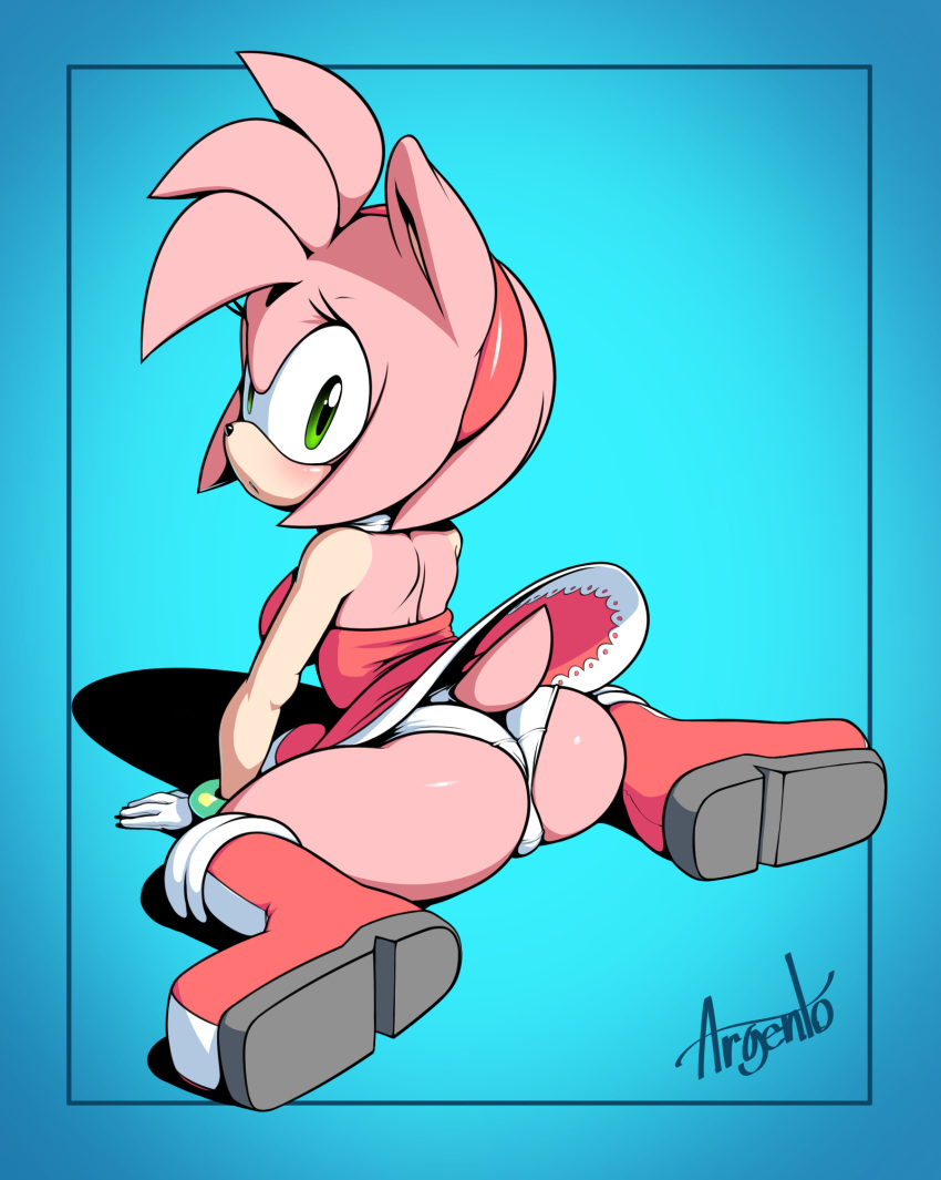 1girl amy_rose animal_nose argento_(sonicboom53) artist_name ass back blue_background blush boots breasts dress english_commentary eyelashes furry gloves green_eyes hairband hedgehog hedgehog_ears hedgehog_girl hedgehog_tail highres looking_at_viewer looking_back medium_breasts panties pink_hair red_dress red_footwear red_hairband short_hair signature simple_background solo sonic_the_hedgehog underwear white_gloves white_panties