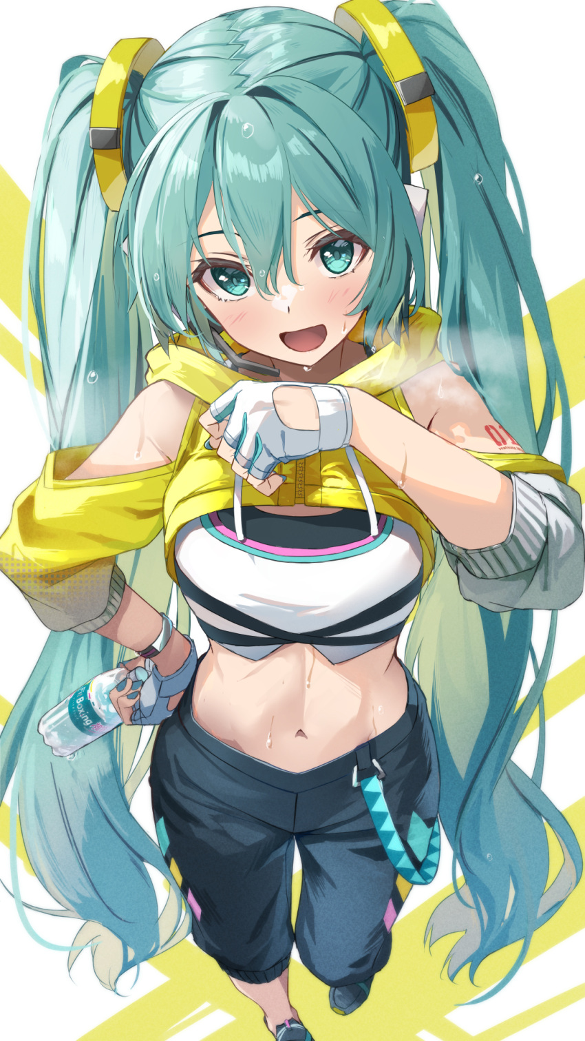 1girl aqua_belt aqua_eyes aqua_hair aqua_nails arm_tattoo black_footwear black_pants bottle bracelet breath clothing_cutout commentary_request crop_top cropped_jacket daidou_(demitasse) fingerless_gloves fingernails fit_boxing_feat._hatsune_miku:_isshoni_exercise fitness_boxing gloves hair_between_eyes hair_ornament hand_on_own_hip hand_up hatsune_miku highres holding holding_bottle hood hooded_jacket jacket jewelry light_blush long_fingernails long_hair looking_at_viewer midriff nail_polish navel number_tattoo official_alternate_costume open_mouth pants perspective plastic_bottle shoes shoulder_cutout smile sneakers solo standing sweat tattoo track_pants twintails very_long_hair vocaloid water_bottle white_gloves yellow_jacket