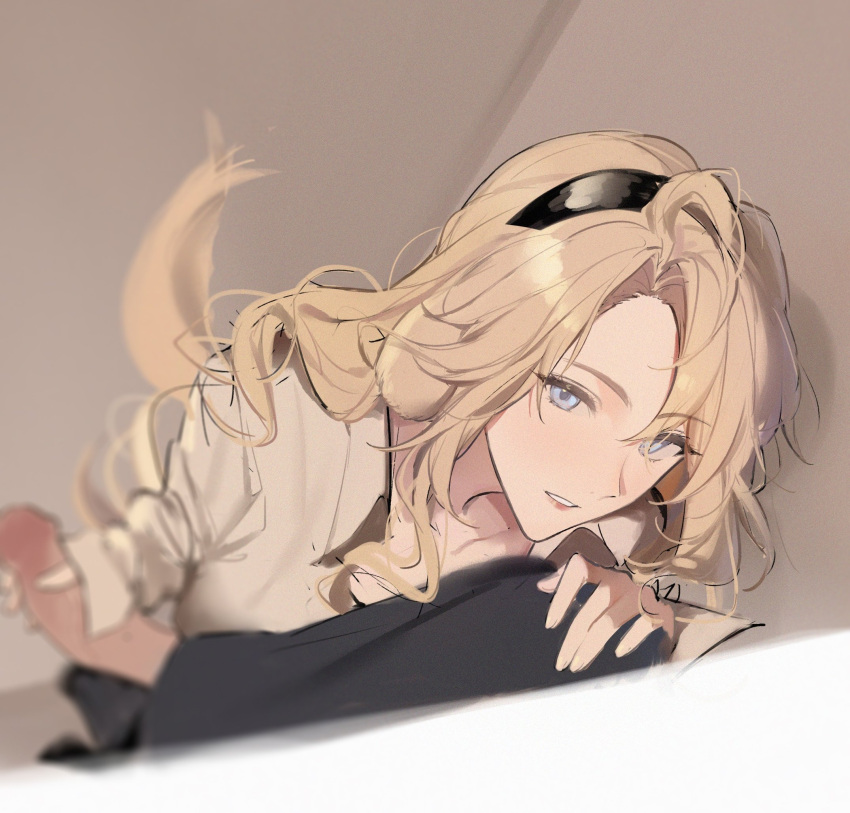 1boy 1girl arknights black_hairband black_pants blonde_hair blue_eyes commentary from_above hairband handjob highres joshua_(shisanli934) kristen_(arknights) long_hair looking_at_viewer looking_up open_mouth pants penis pov smile solo_focus symbol-only_commentary
