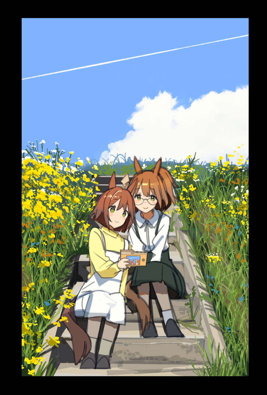 2girls absurdres ahoge animal_ears ashinowoto aston_machan_(umamusume) breasts brown_hair casual closed_mouth cloud commentary_request contrail field flower flower_field glasses green_eyes highres holding horse_ears horse_girl medium_breasts multiple_girls photo_album rhein_kraft_(umamusume) shoes sitting sitting_on_stairs sky smile stairs umamusume