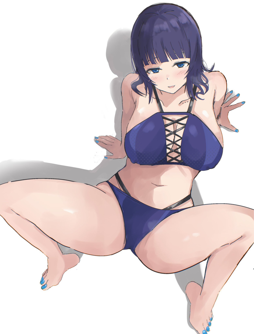 1girl asaka_karin bikini blue_bikini blue_eyes blue_hair blue_nails blunt_bangs blush breasts cleavage collarbone commentary covered_nipples from_above highres large_breasts looking_at_viewer love_live! love_live!_nijigasaki_high_school_idol_club medium_hair midriff mole mole_on_collarbone navel shadow solo spread_legs swimsuit symbol-only_commentary wewe white_background