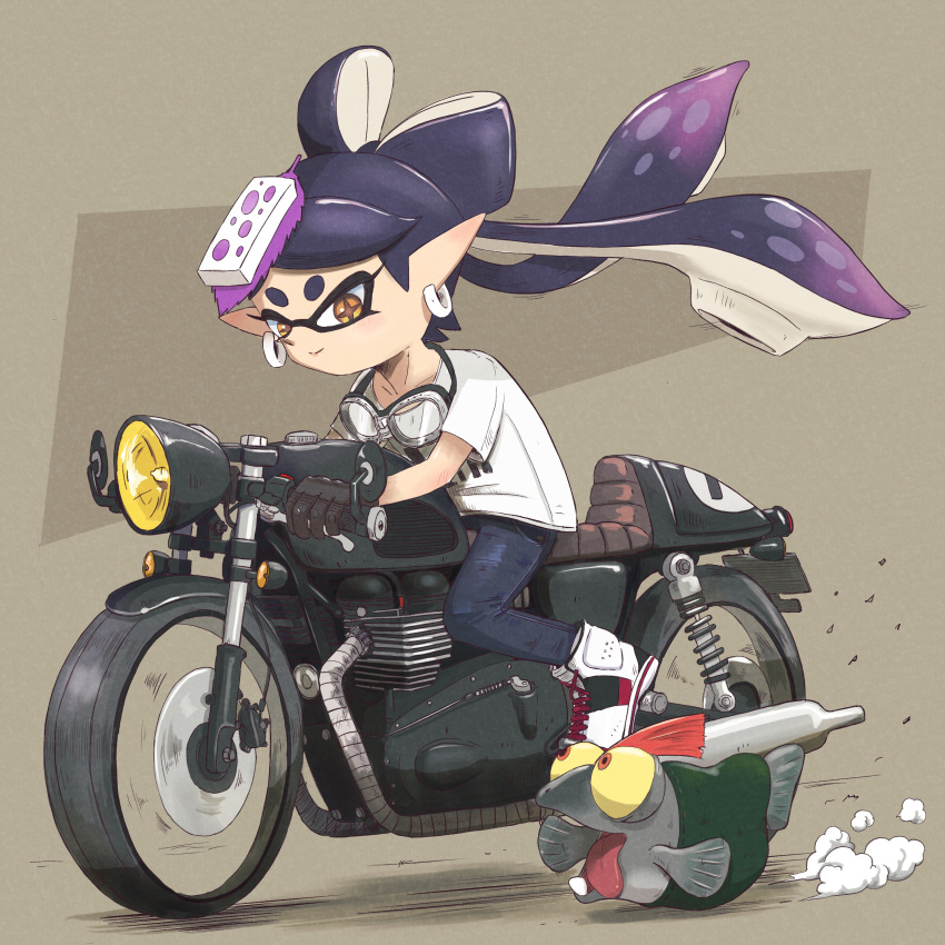 1girl absurdres bicycle black_gloves black_hair blue_pants bow-shaped_hair callie_(splatoon) closed_mouth colored_tips commentary_request earrings food food_on_head gloves goggles grey_background highres hoop_earrings inkling jewelry long_hair motor_vehicle motorcycle multicolored_hair object_on_head pants pointy_ears print_shirt purple_hair riding riding_bicycle shirt simple_background smallfry_(splatoon) splatoon_(series) splatoon_3 star-shaped_pupils star_(symbol) sushi symbol-shaped_pupils tara_sli tentacle_hair thick_eyebrows tongue tongue_out two-tone_hair white_shirt