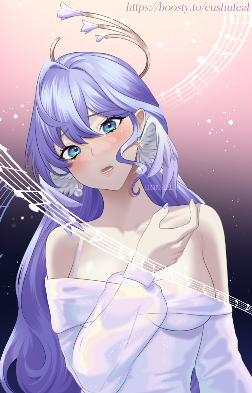 1girl alternate_costume bare_shoulders blue_dress blue_eyes bra_strap commentary crying crying_with_eyes_open dress eushufeal highres honkai:_star_rail honkai_(series) long_hair long_sleeves looking_at_viewer manicure musical_note off-shoulder_dress off_shoulder open_mouth purple_hair robin_(honkai:_star_rail) solo staff_(music) tears very_long_hair wings