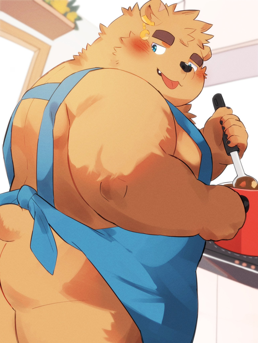 2024 anthro apron bear black_nose blush brown_body butt clothing cooking ear_piercing ear_ring hi_res kemono kitchen male mammal overweight overweight_male piercing ring_piercing solo tongue tongue_out yogret_kai