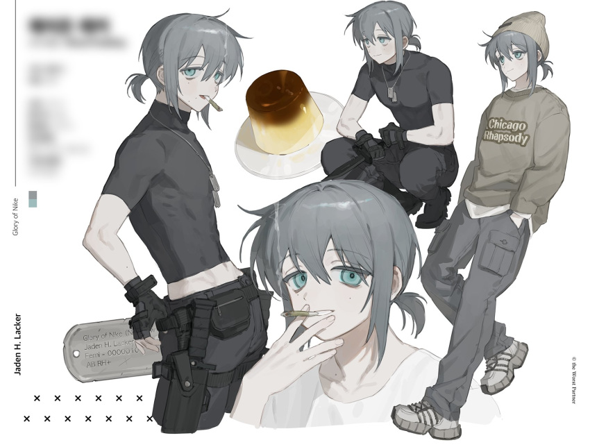 1boy aqua_eyes arm_on_thigh beanie black_gloves cigarette covered_abs dog_tags fingerless_gloves food from_side frost_fog full_body gloves grey_hair grey_pants grey_shirt hair_between_eyes hand_on_belt hand_on_own_chin hands_in_pockets hat highres holding holding_cigarette holding_knife jitome knife leaning_back light_smile looking_ahead looking_at_viewer male_focus medium_hair mole mole_on_cheek mole_under_eye mole_under_mouth multiple_views original pants parted_lips pudding shirt short_ponytail short_sleeves sidelocks simple_background smoking squatting sweater tight_top turtleneck upper_body weapon