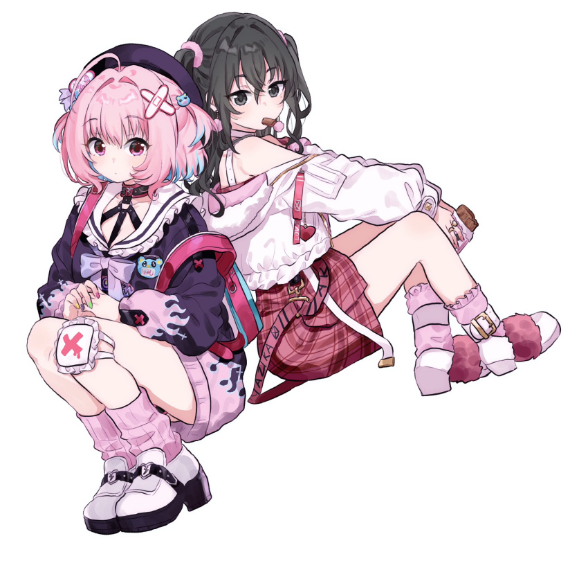 2girls ahoge back-to-back bandaid bandaid_hair_ornament bandaid_on_leg blue_hair bow bowtie brown_hair chest_harness chocolate choker collar collarbone colored_tips crossed_bandaids crossed_bangs eating food frilled_collar frilled_skirt frills hair_between_eyes hair_intakes hair_ornament harness highres holding holding_chocolate holding_food idolmaster idolmaster_cinderella_girls jacket long_sleeves looking_at_viewer migolu mole mole_under_eye mouth_hold multicolored_hair multicolored_nails multiple_girls name_tag o-ring o-ring_harness off_shoulder pink_hair pink_jacket pink_socks plaid plaid_skirt purple_bow purple_bowtie red_choker red_skirt sailor_collar short_hair simple_background skirt socks sunazuka_akira teddy_bear_hair_ornament two_side_up white_background yumemi_riamu